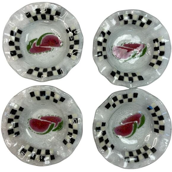 Watermelon Checker Print Glass Bowl Plates Set of 4 - Picture 1 of 7